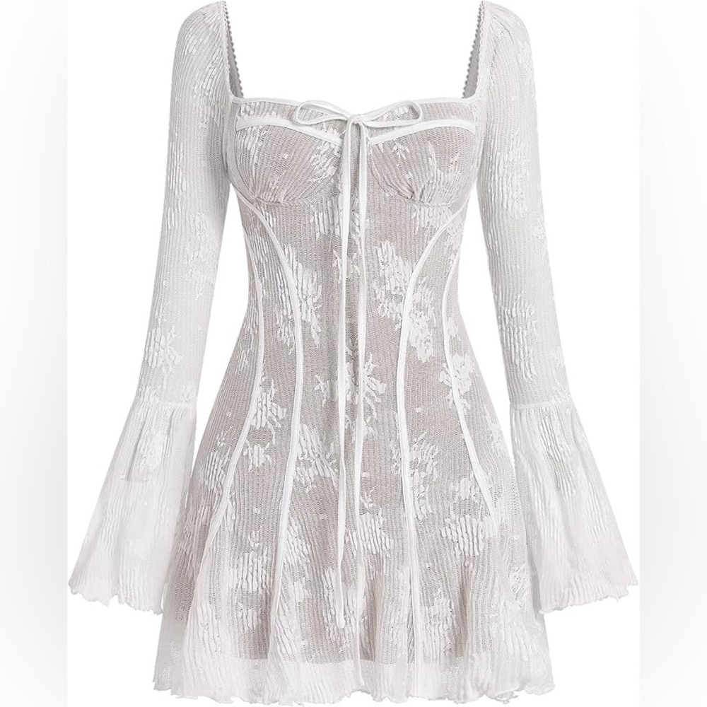 Elegant White Lace Long Sleeve Mini Dress